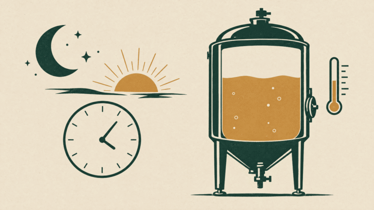 A forest-green bright tank with sparse bubble motifs, a thermometer, moon, sunrise and clock on parchment.