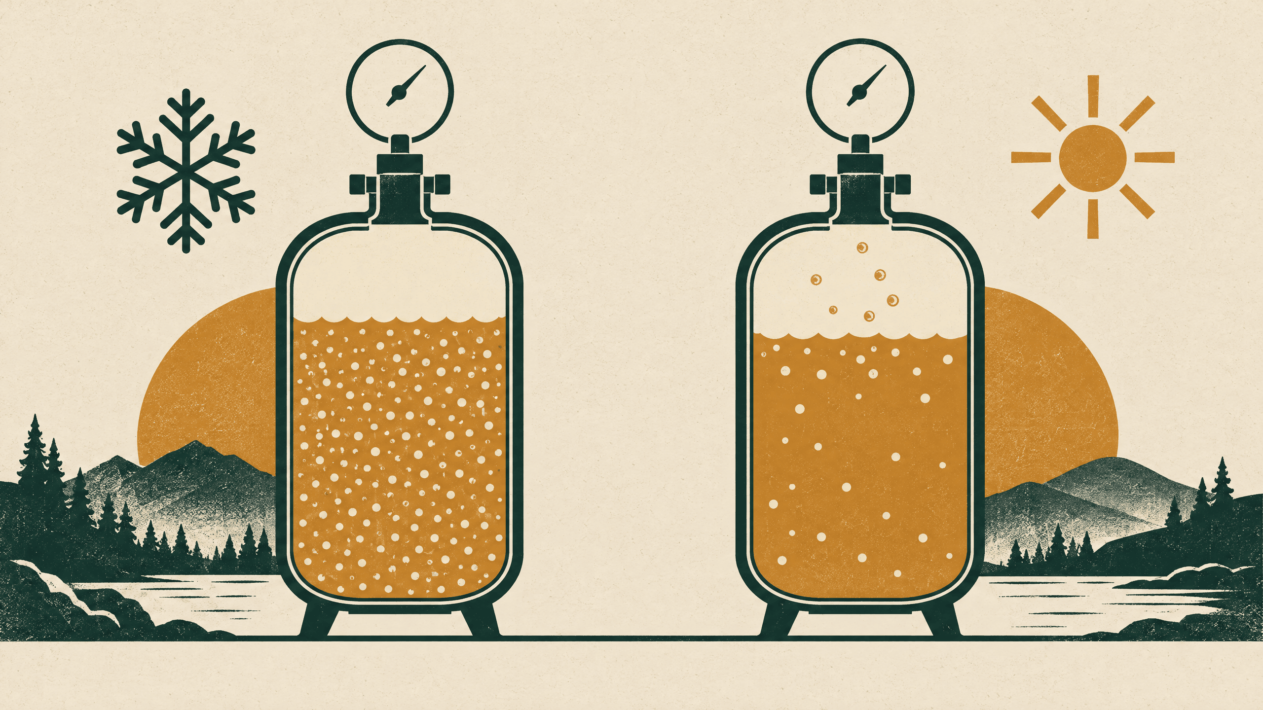 Two stylized tanks at the same indicated pressure, with more bubble motifs in the cold liquid than in the warm liquid.