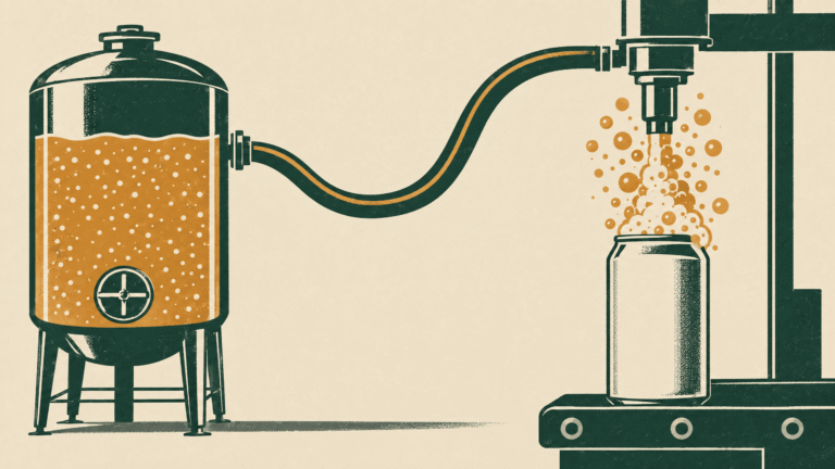 A tank connected to a filler by a curved transfer line, with an amber foam cluster above an unbranded can.