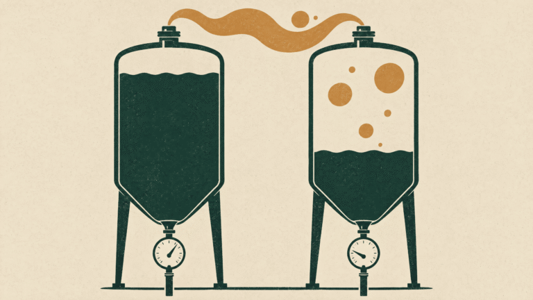 Two tanks at different liquid levels, with gas motifs in the larger headspace and different outlet-gauge positions.