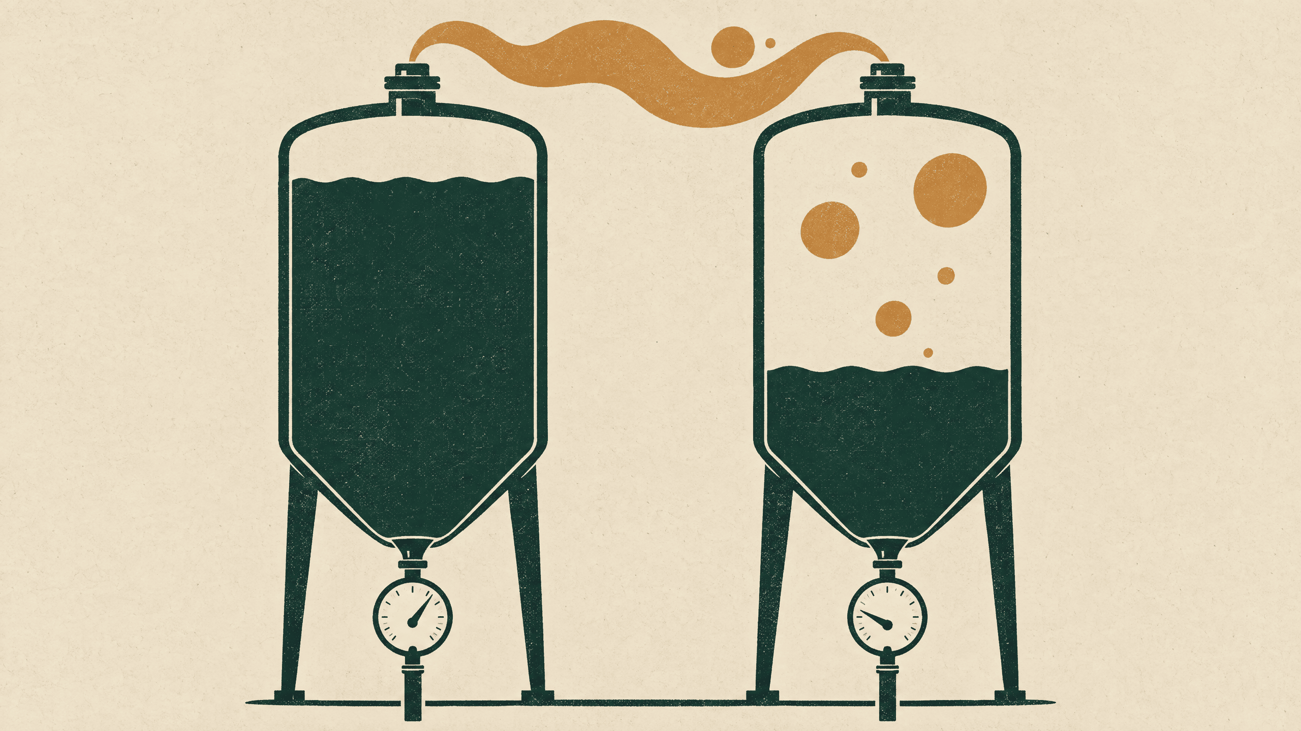 Two tanks at different liquid levels, with gas motifs in the larger headspace and different outlet-gauge positions.