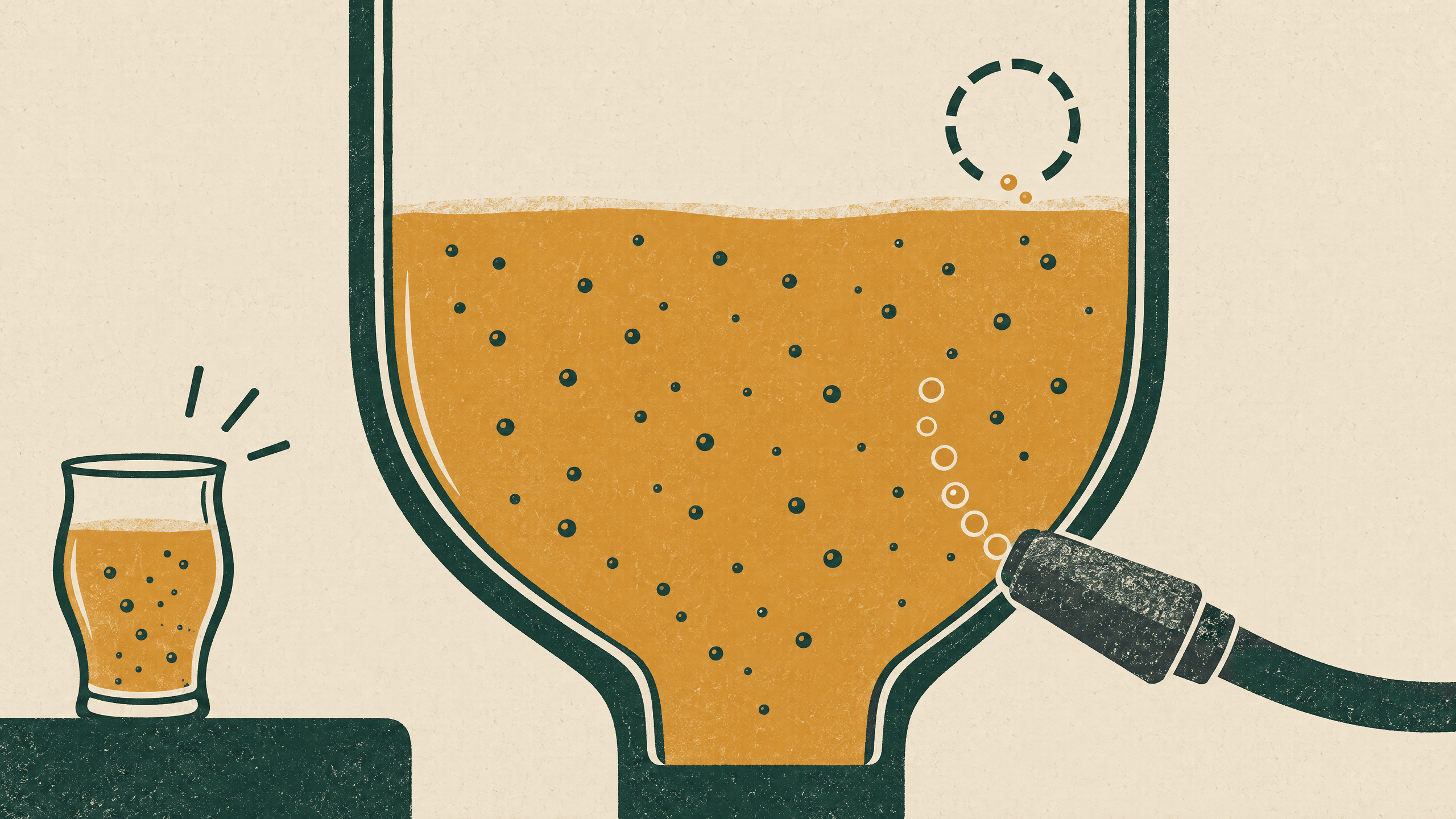 A sample glass beside a tank detail, with existing bubble motifs and a small stream entering through a carbonation stone.