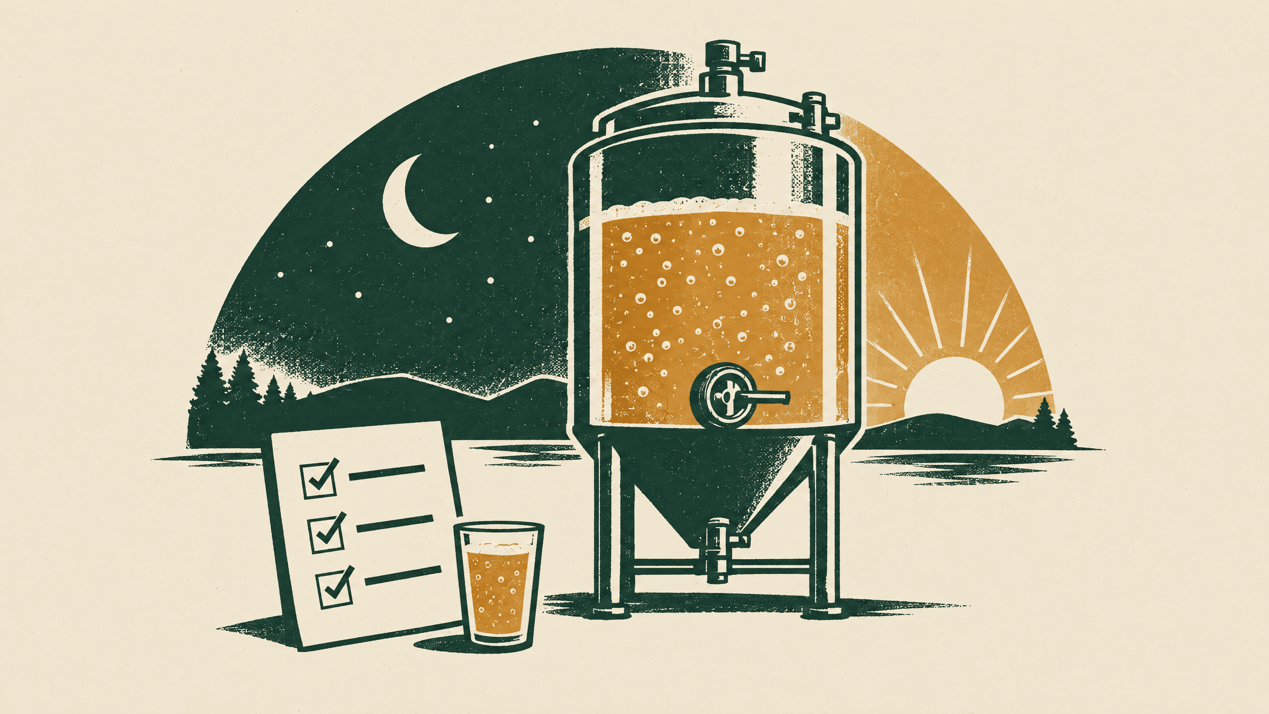 A forest-green tank, sample glass and checklist between a crescent moon and an amber sunrise.