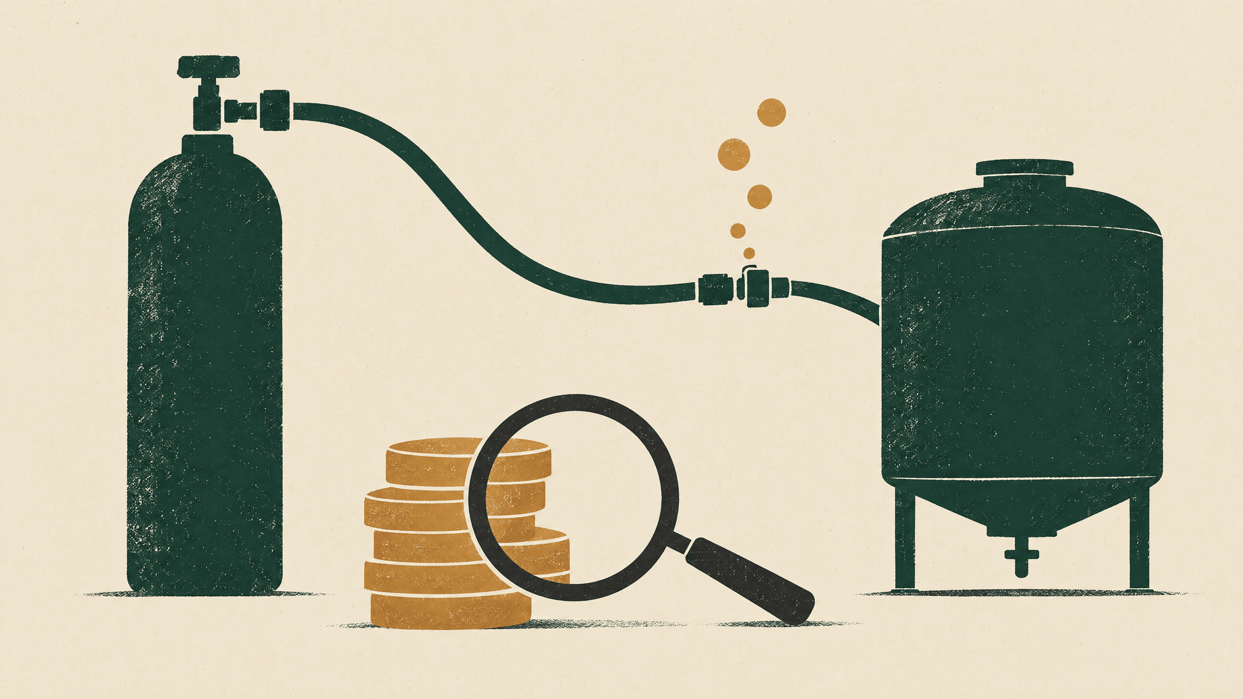 A gas cylinder and tank connected by a fitting that releases bubble motifs, beside coins and an inspection magnifier.