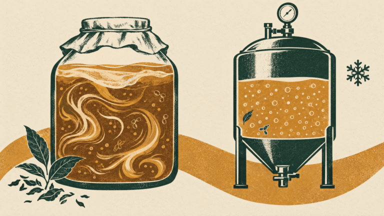 A tea fermentation vessel beside a chilled pressure tank, with organic swirls and carbonation bubbles in forest and amber.