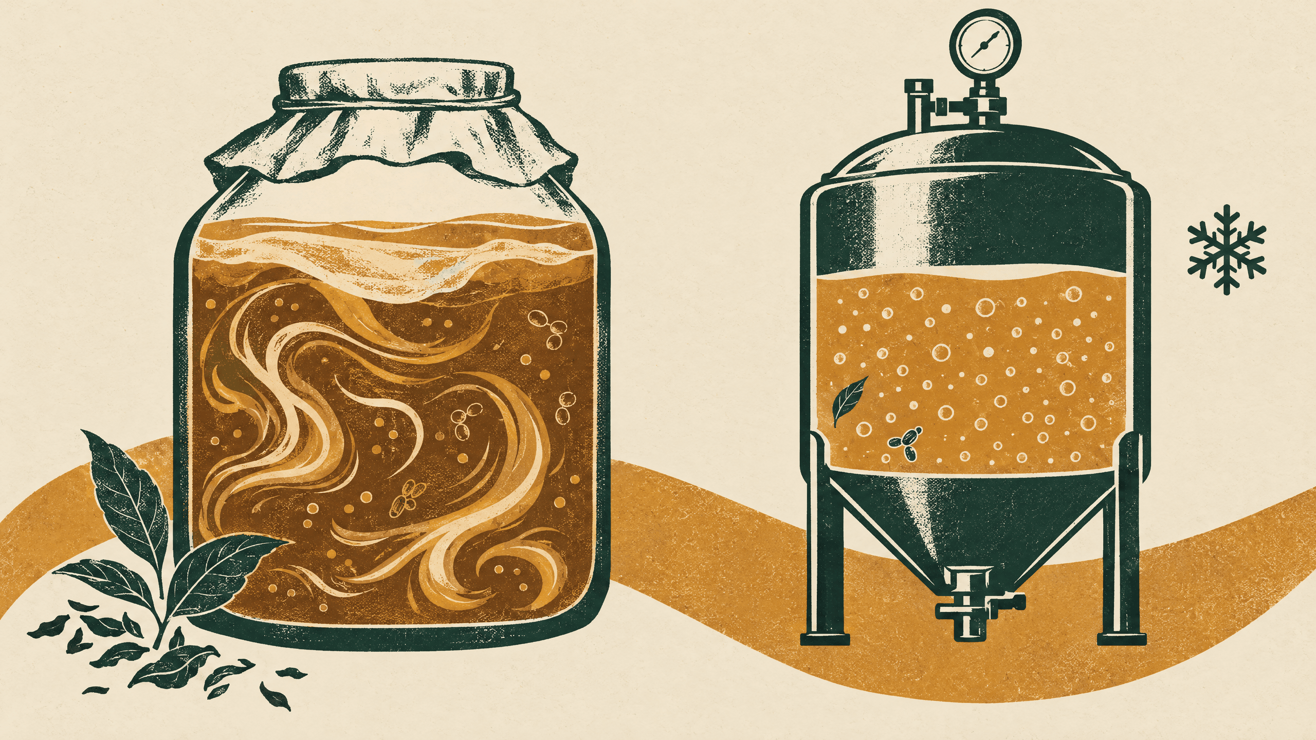 A tea fermentation vessel beside a chilled pressure tank, with organic swirls and carbonation bubbles in forest and amber.