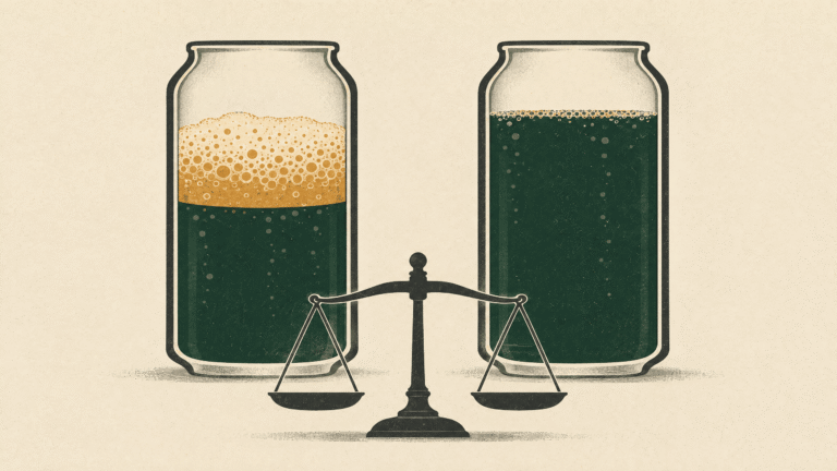 Two equal-size can cross-sections with different liquid and foam levels, beside an unnumbered balance scale.