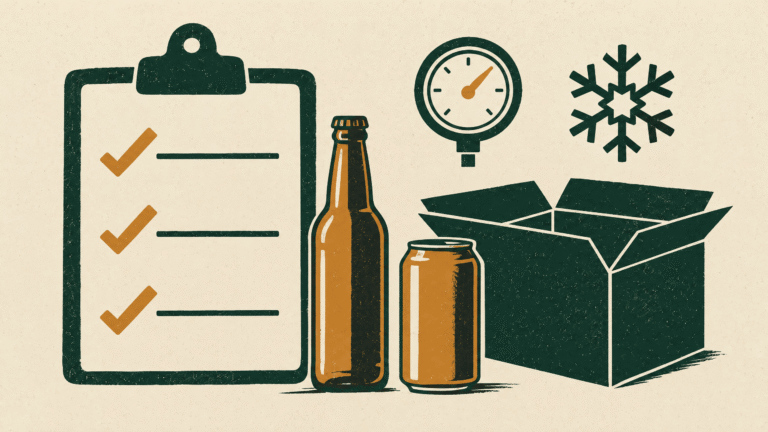 A packaging checklist beside a generic bottle, can, carton, pressure gauge and snowflake in forest and amber.
