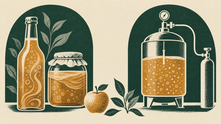 Natural fermentation vessels and a gas-fed pressure tank, balanced with apple and tea-leaf motifs.